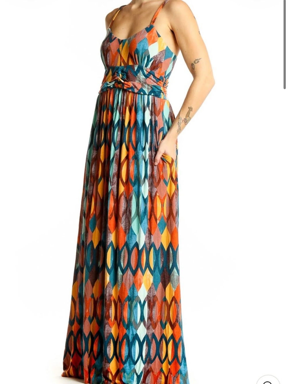 Anthropologie Maeve Geometric Print Maxi Dress Pockets Cross Back XS